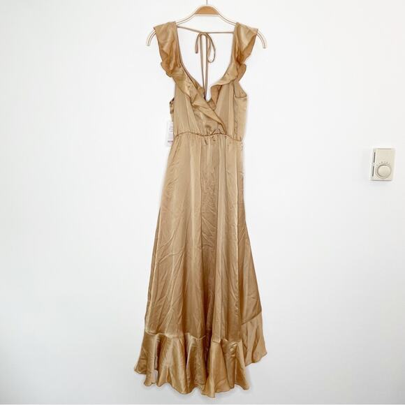 Show Me Your Mumu Samantha Ruffle Wrap Dress True Gold Luxe Satin Small - Picture 4 of 12